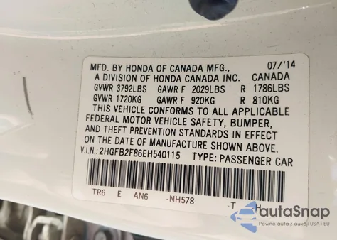 2014 Honda Civic Ex from USA, damaged, VIN 2HGFB2F86EH540115